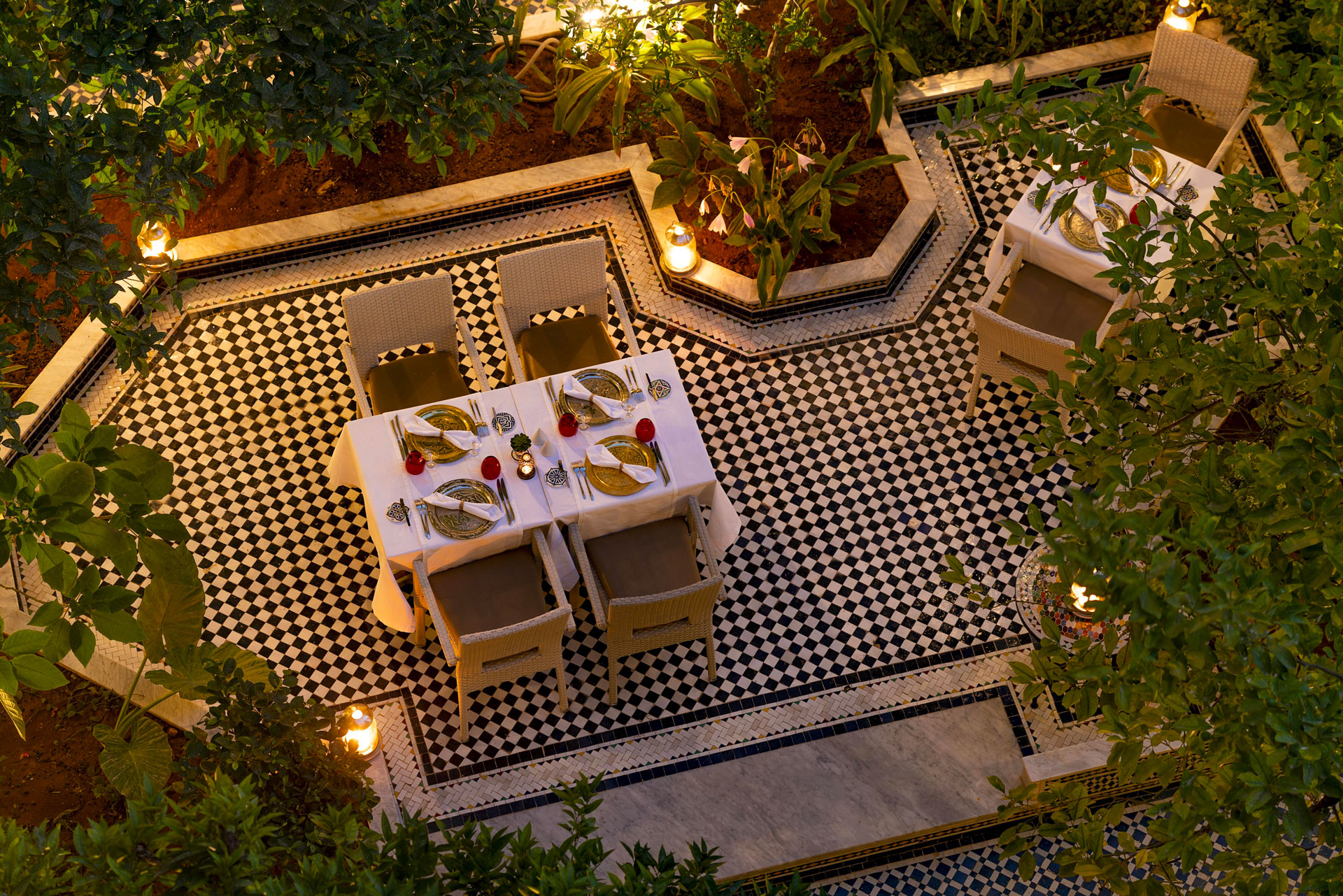 Bird's eye view of dining in the garden at Palais Amani