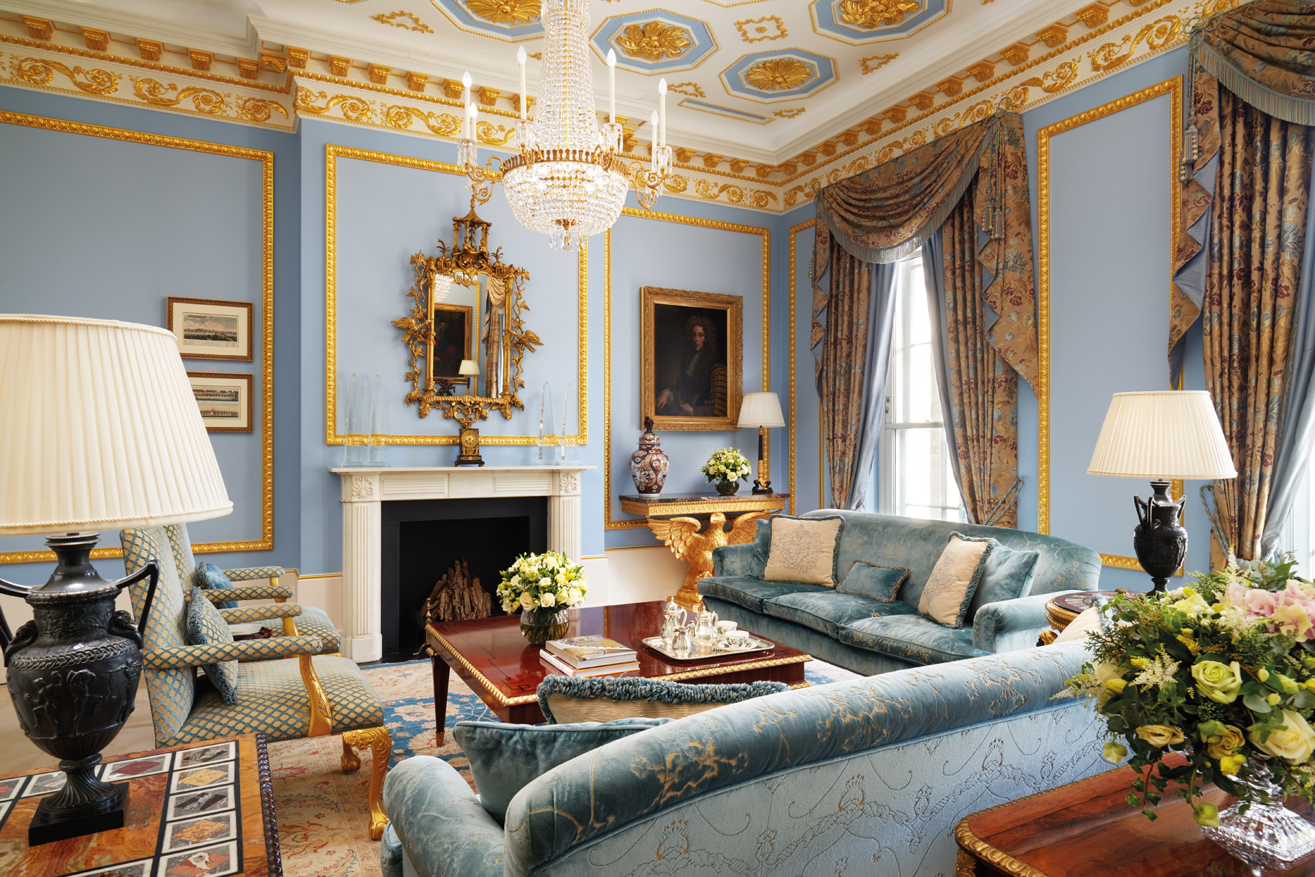 A lavish hotel suite living room