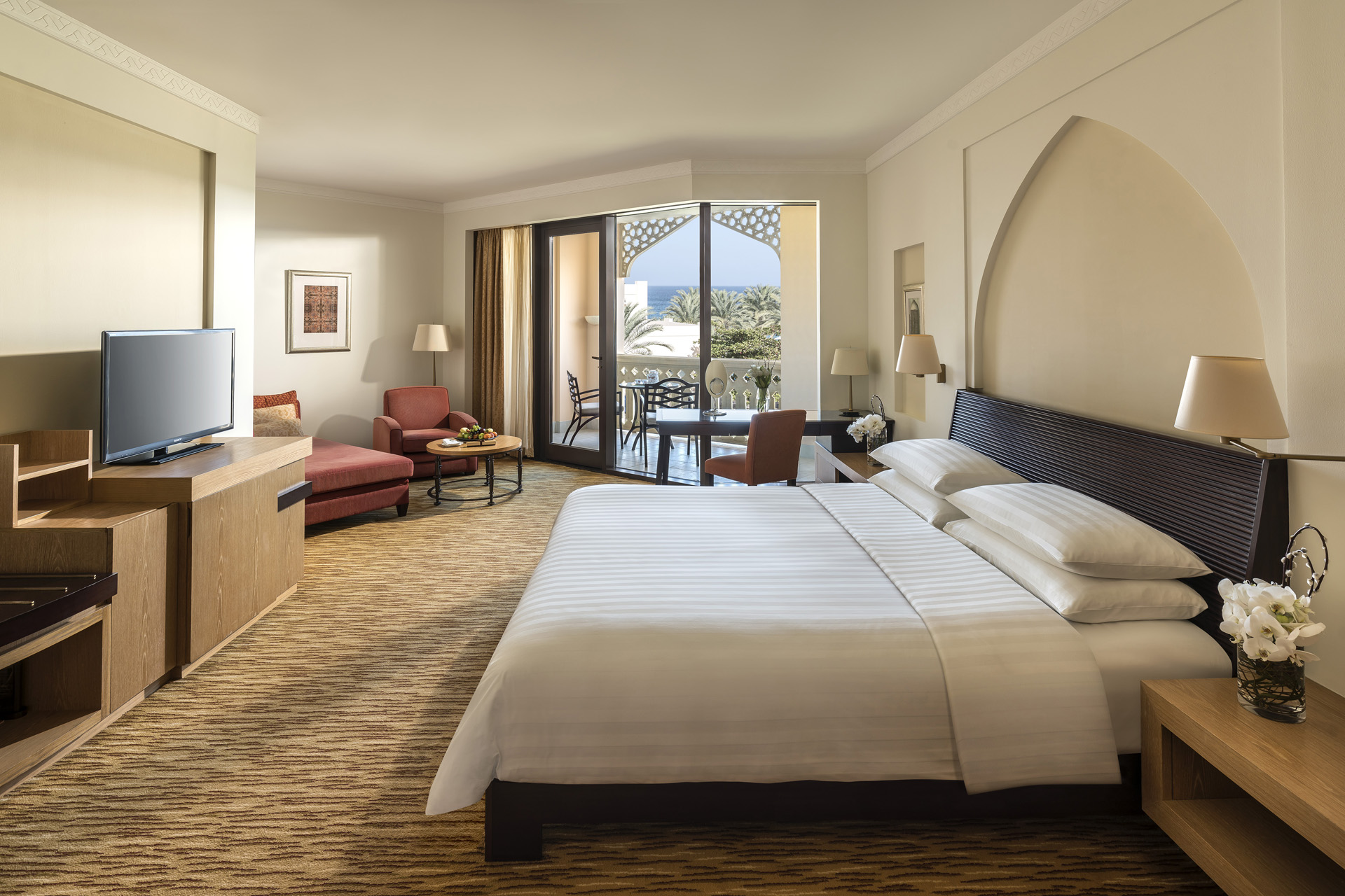 A neutral hotel room at the Shangri-La Barr Al Jissah Resort and Spa