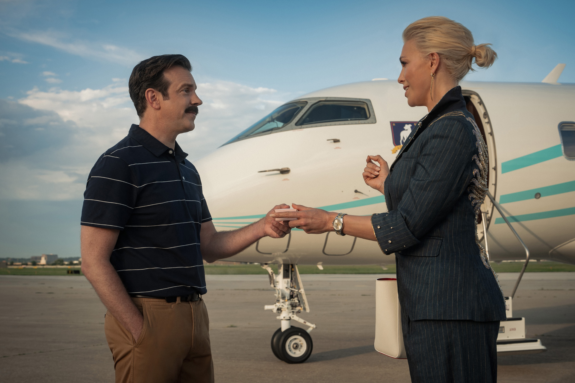 Jason Sudeikis and Hannah Waddingham in "Ted Lasso,"