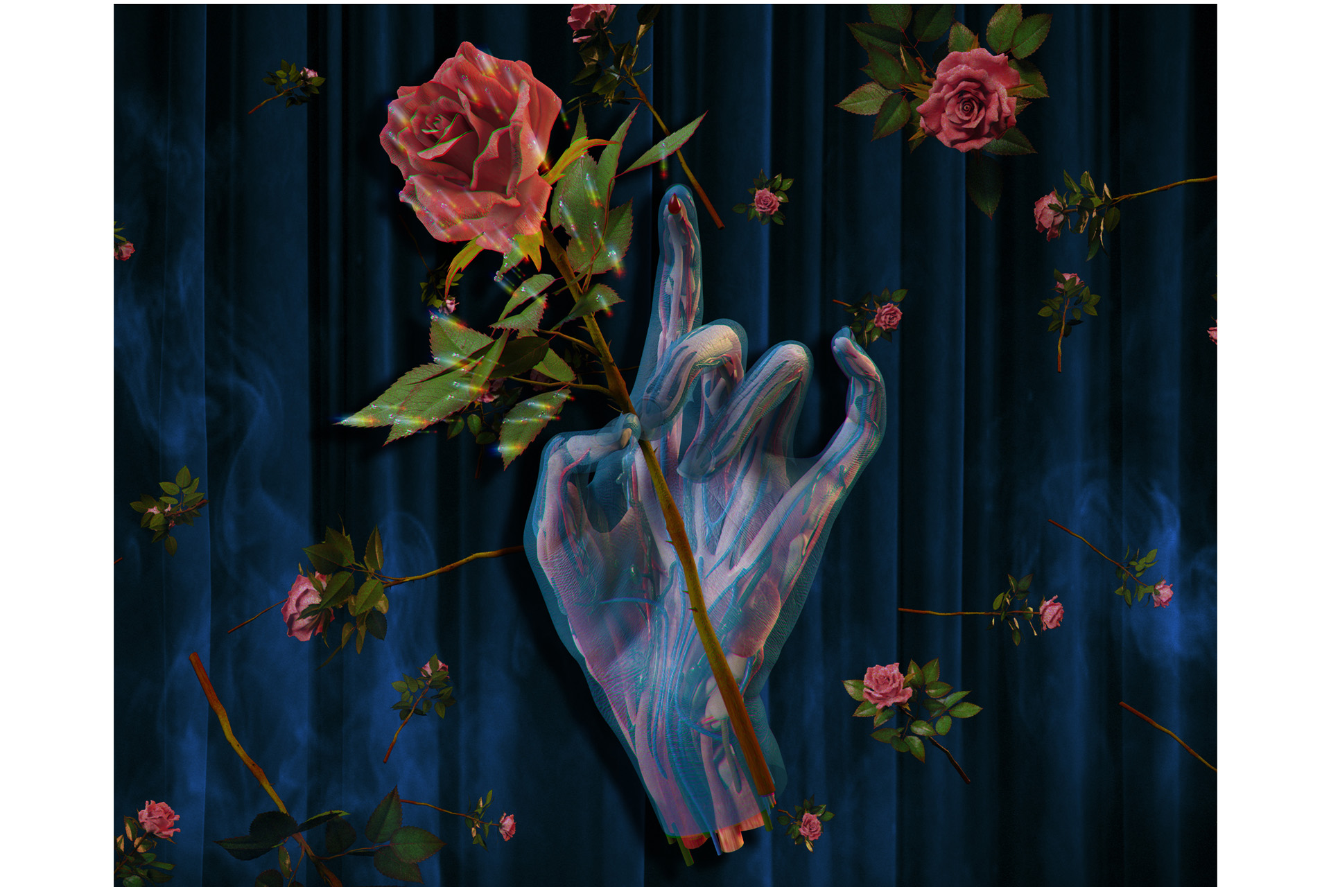 A painting of a hand and flowers