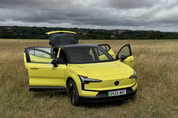 Yellow Volvo EX30 in a field