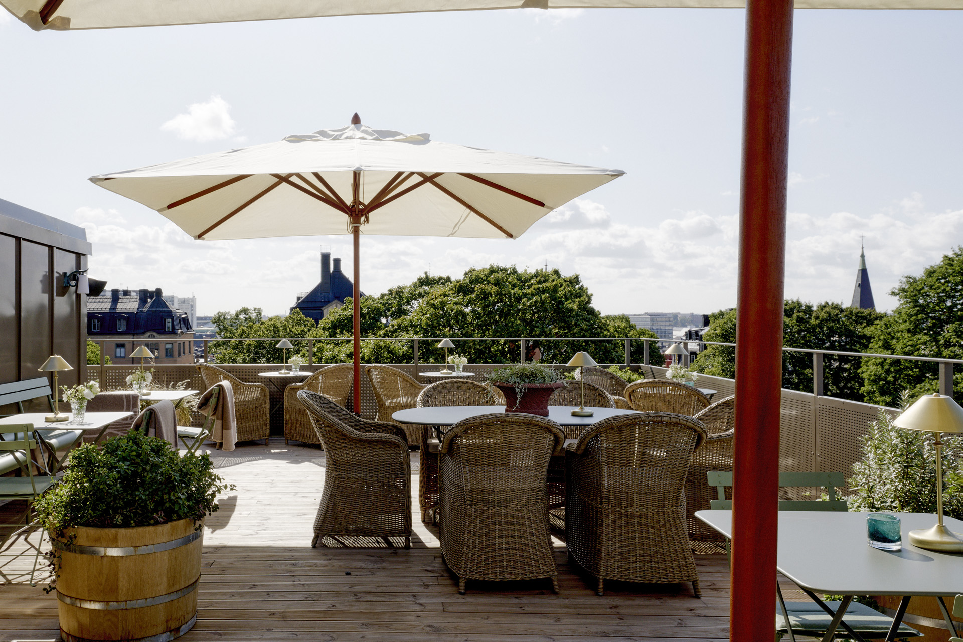Rooftop bar with umbrellas