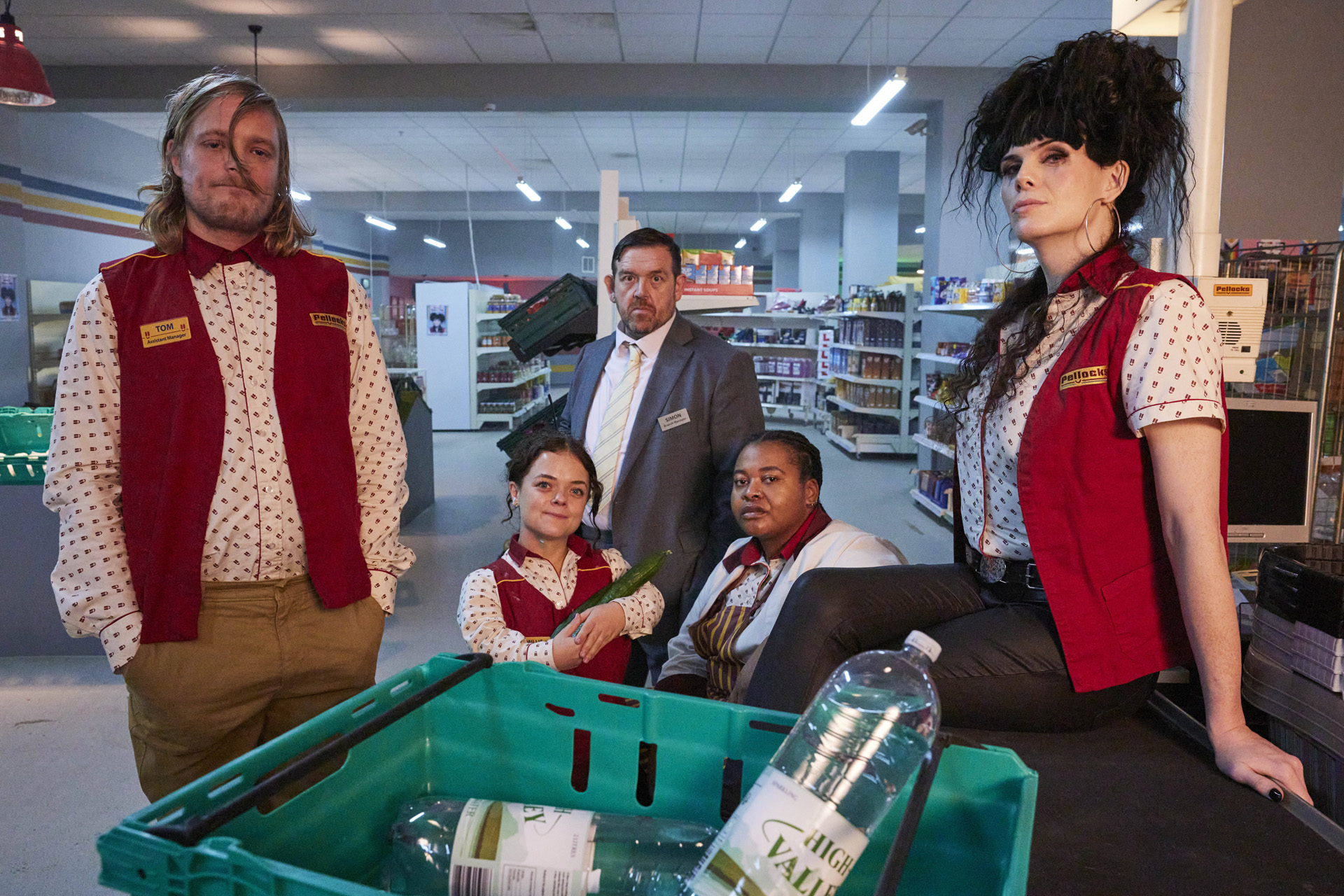 THOMAS GRAY AS TOM, FRANCESCA MILLS AS MILLIE, NICK FROST AS SIMON, KAYLA MEIKLE AS BEEFY LINDA, JORDAN GRAY AS LIV in Transaction