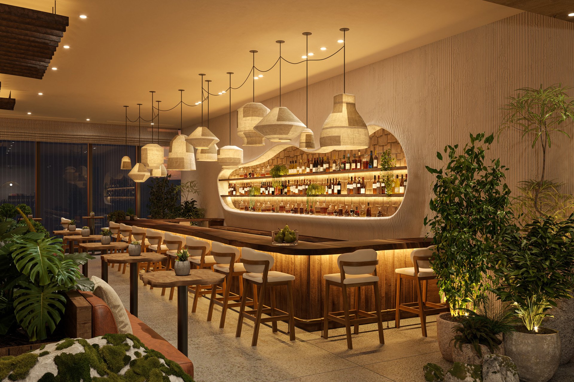 A computer generated image of the lobby at 1 Hotel Tokyo