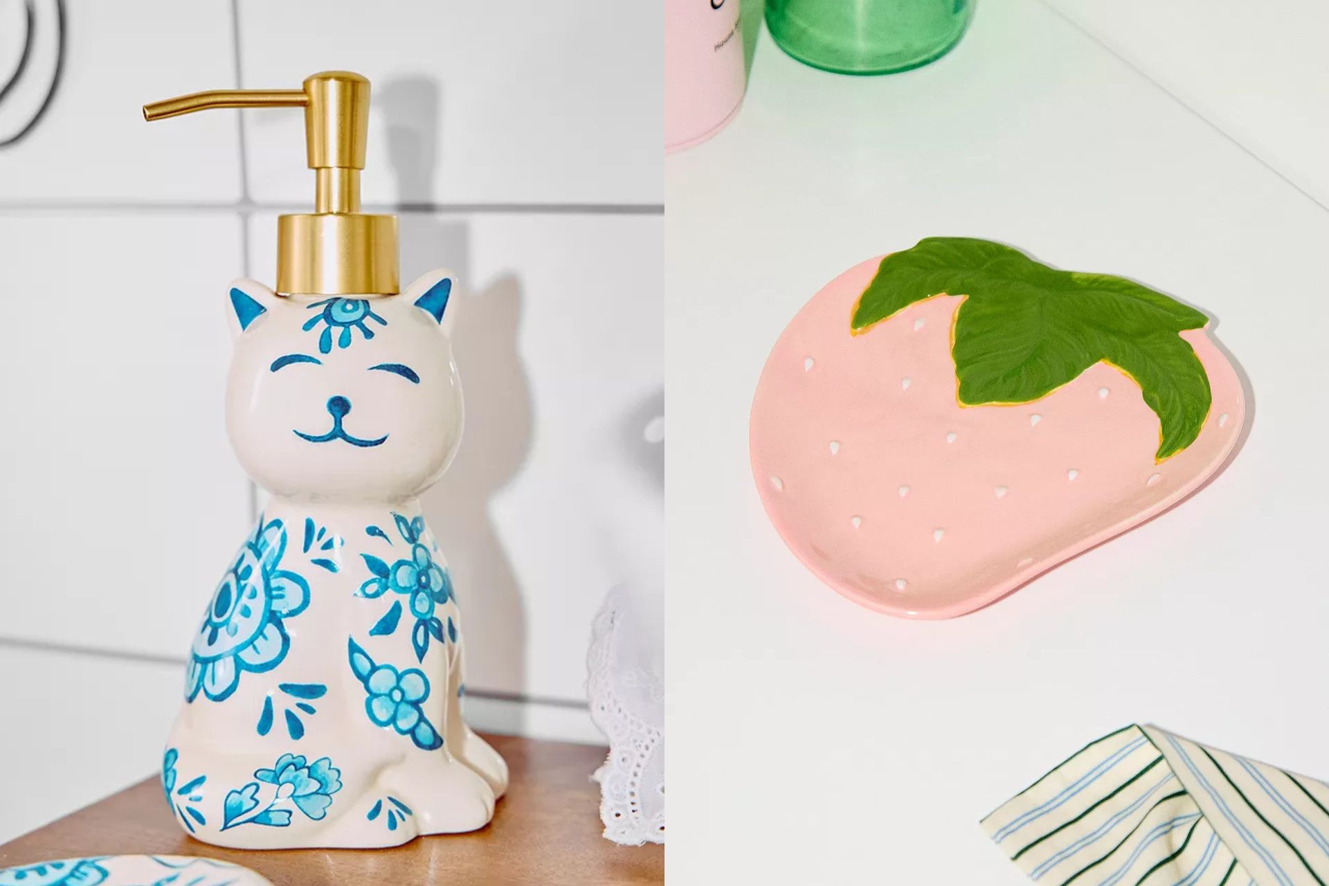 Cat soap holder and strawberry plate