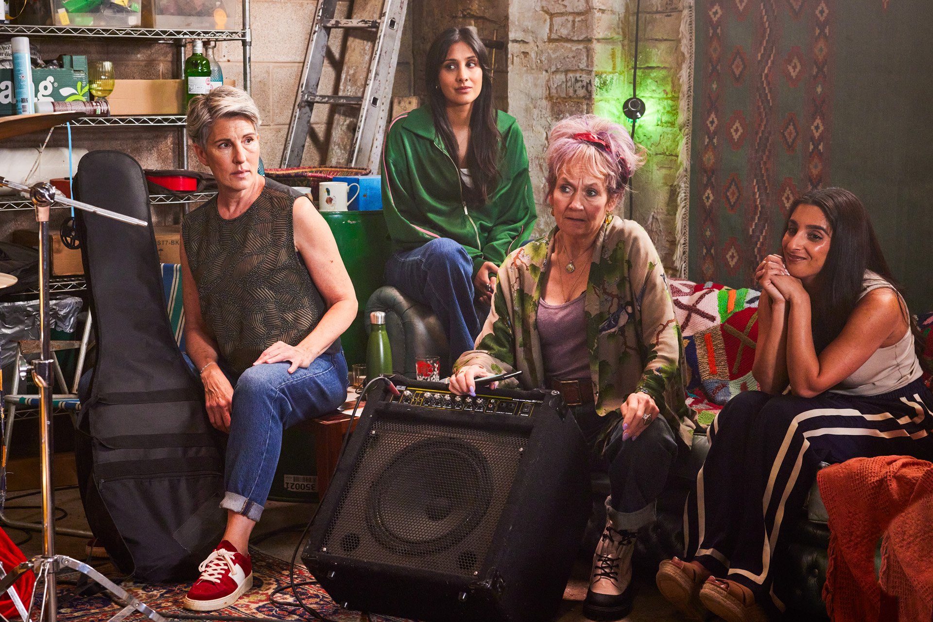 Holly Gaskell (TAMSIN GREIG), Nisha Lal (TAJ ATWAL) Jess Burchill (LORRAINE ASHBOURNE), Kam Lal (CHANDEEP UPPAL) in Riot Women
