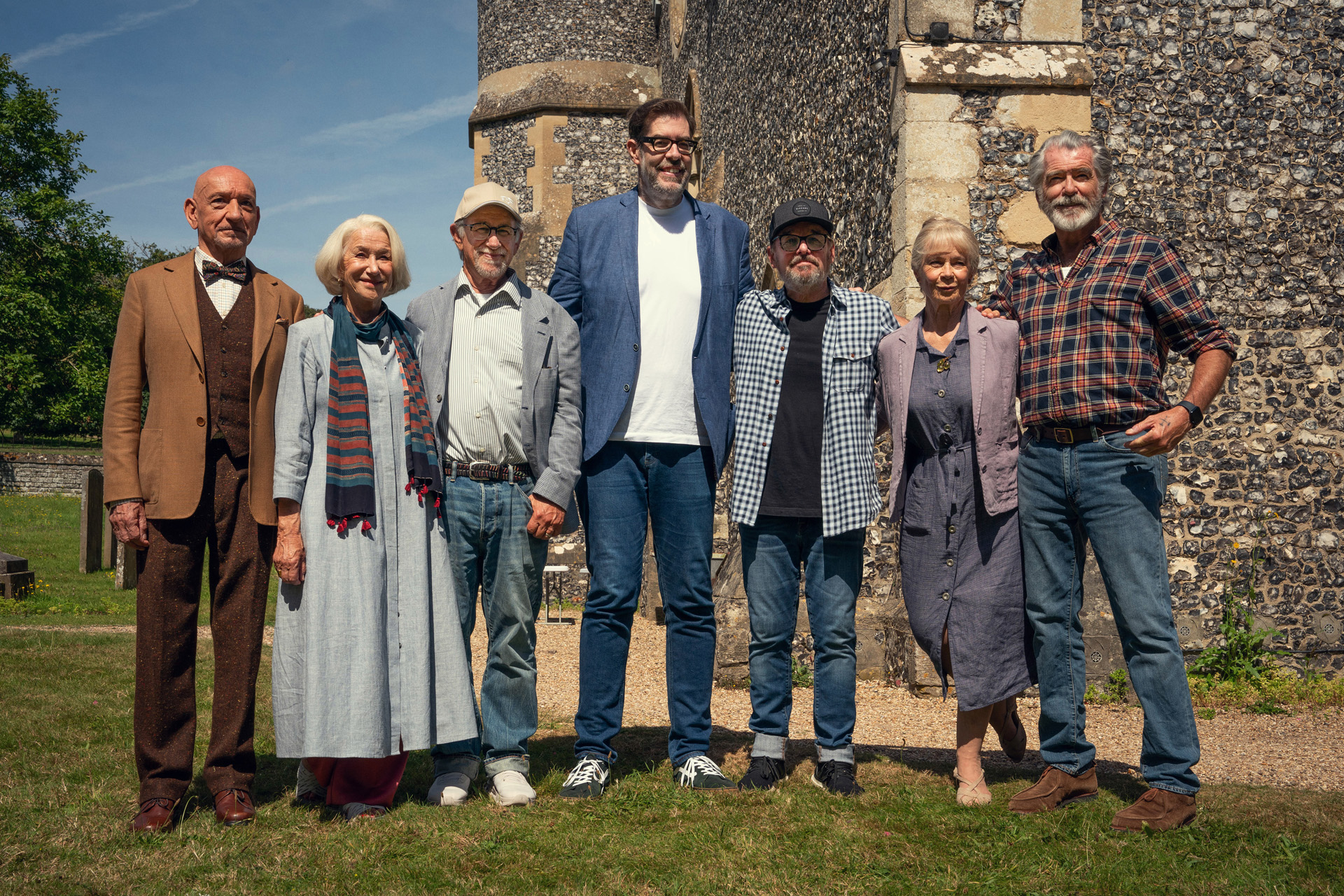 Sir Ben Kingsley, Helen Mirren, Steven Spielberg, Richard Osman, Chris Columbus, Celia Imrie & Pierce Brosnan on the set of The Thursday Murder Club