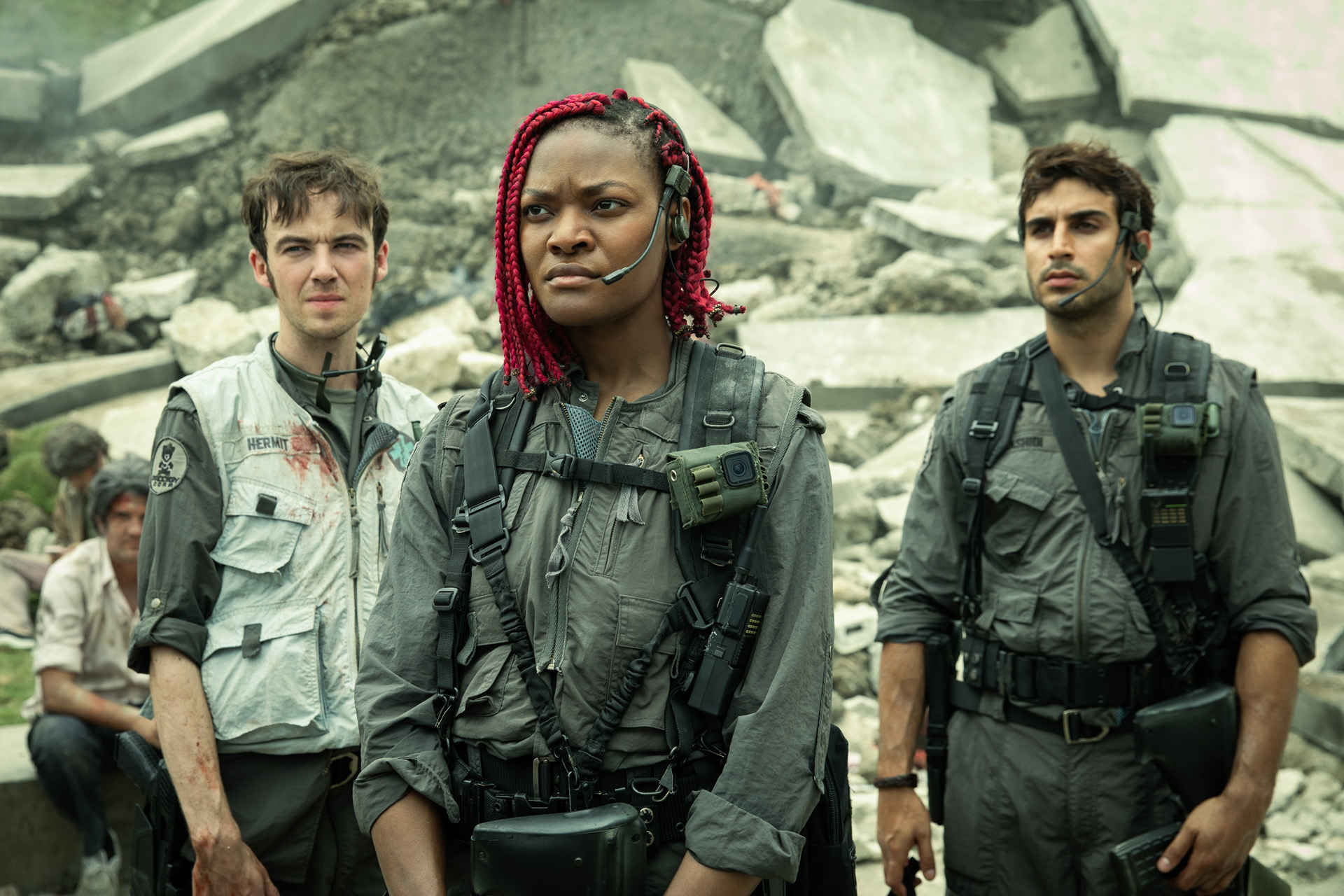 Alex Lawther as Hermit, Diêm Camille as Siberian & Moe Bar-El as Rashidi in Alien Earth