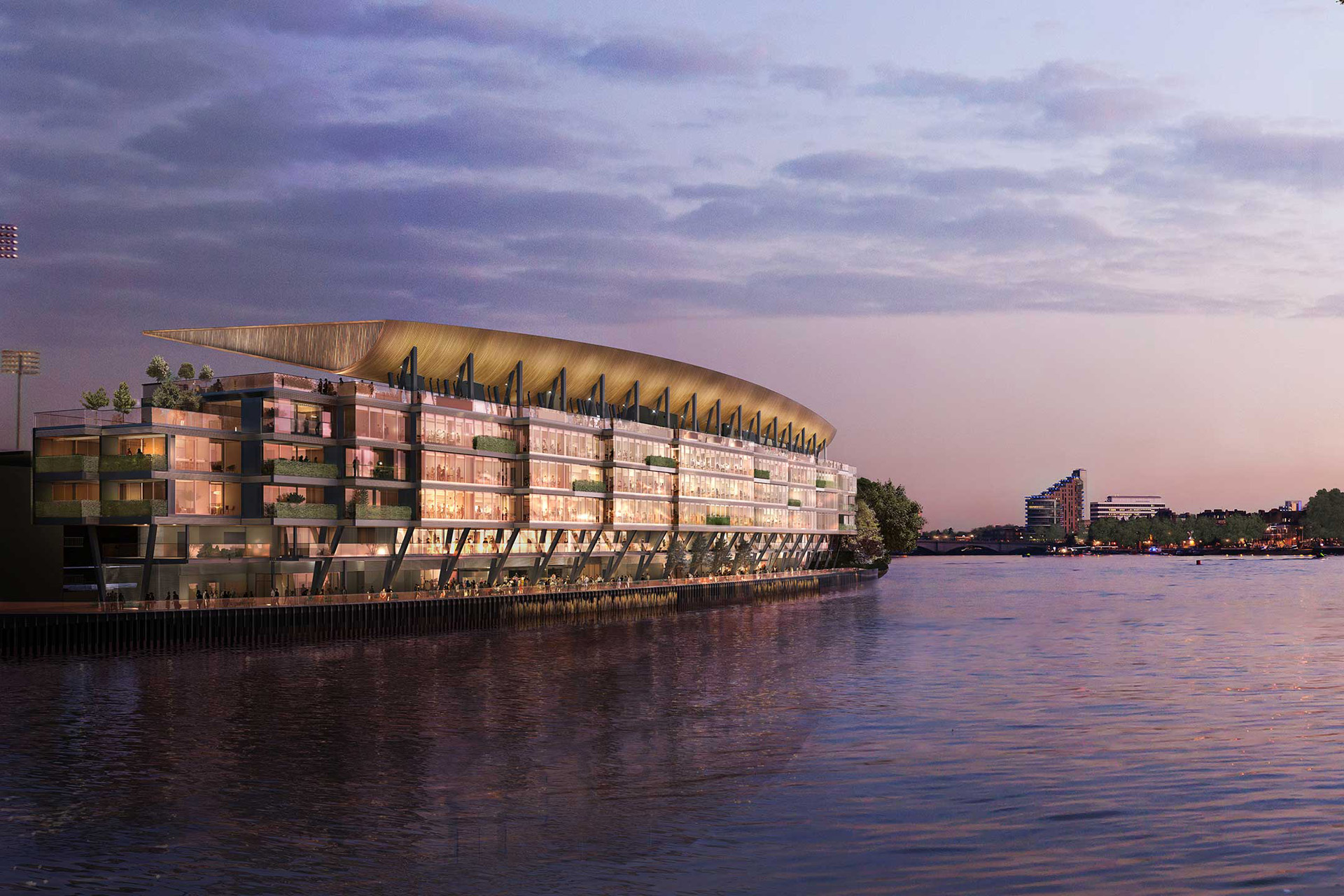 The exterior of Fulham Pier; the Hotel takes up the left side of the building.