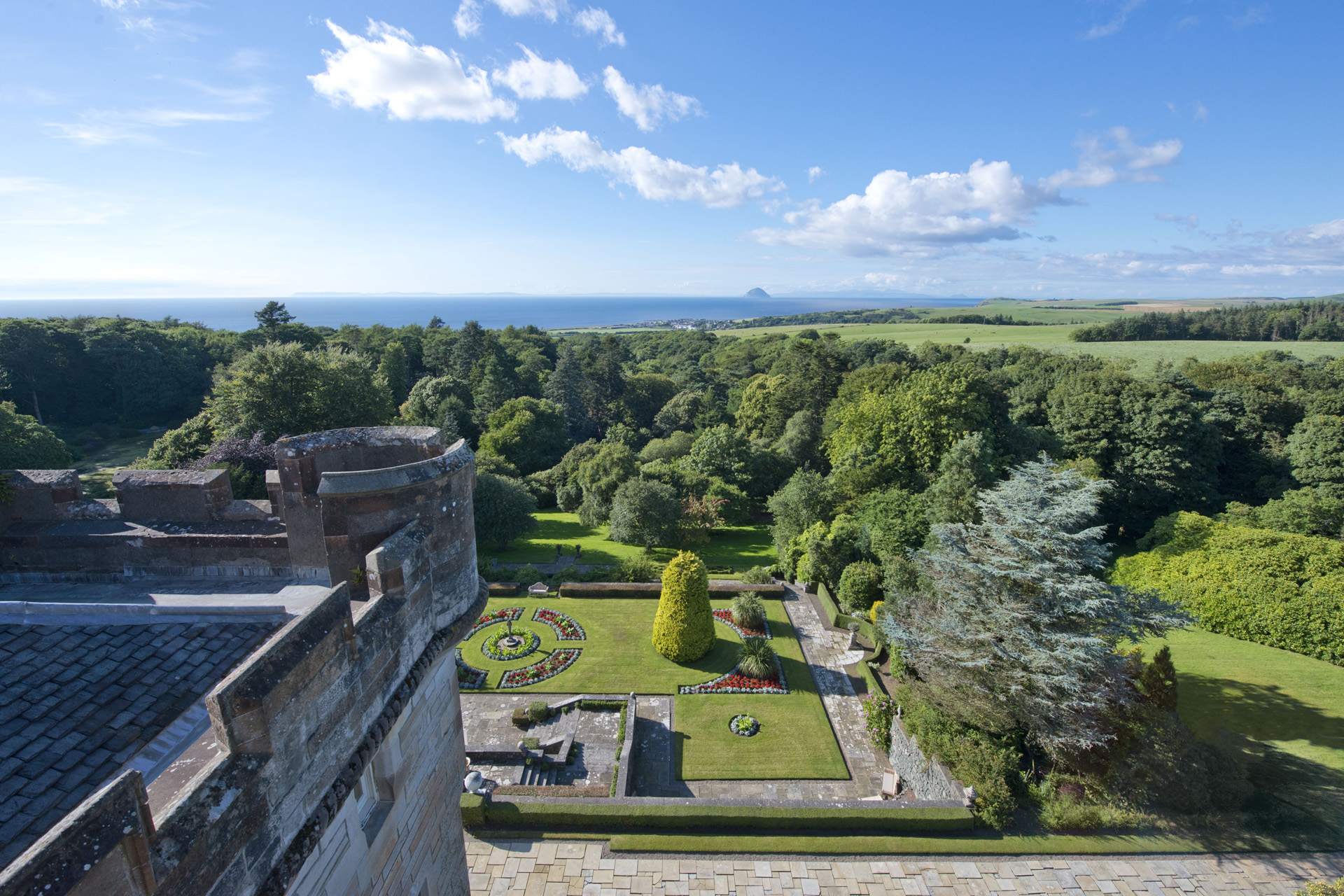 View towards the sea and Ailsa Craig from the roof of Glenapp Castle