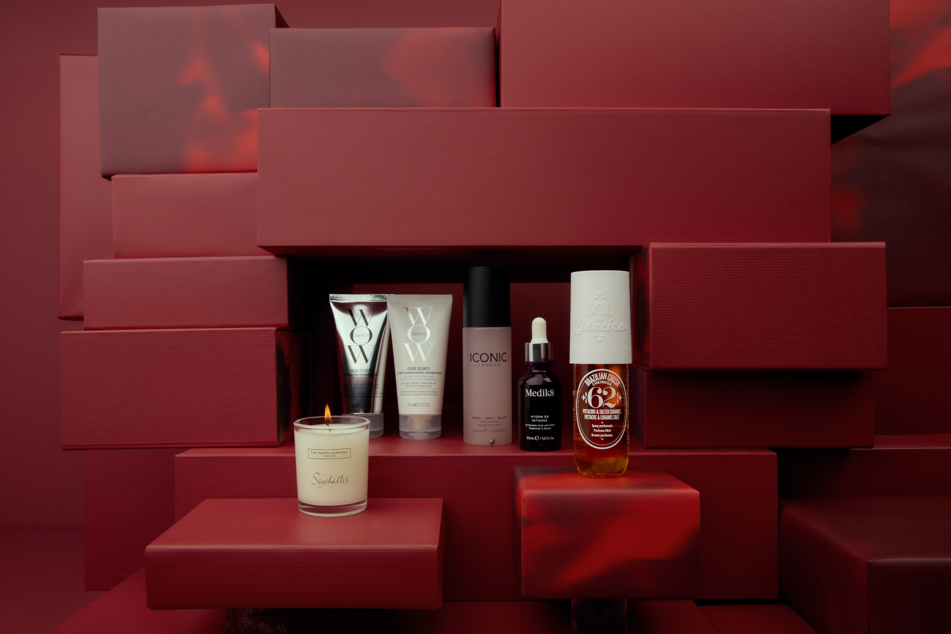 Red boxes with skincare products