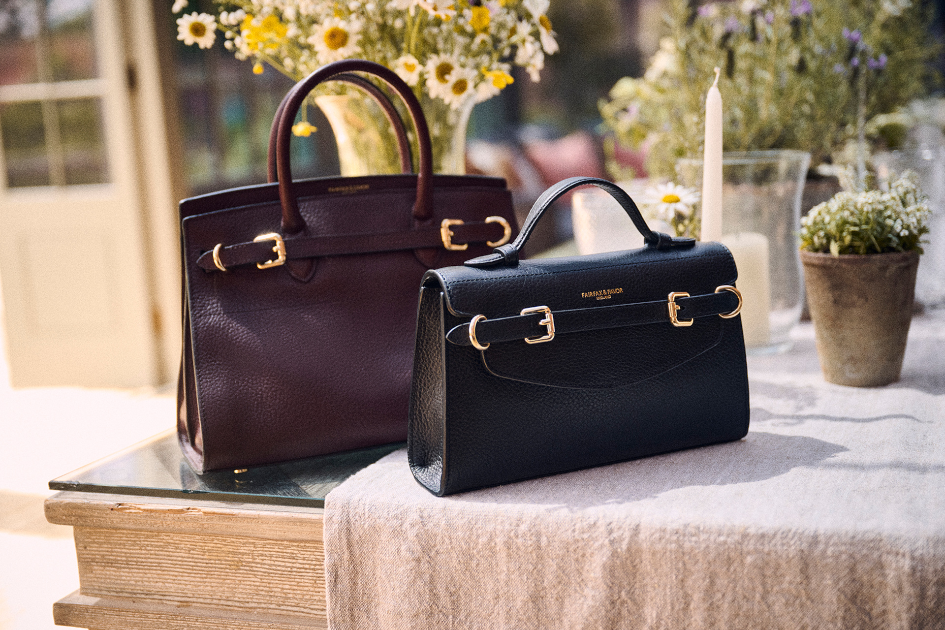 Handbags on table