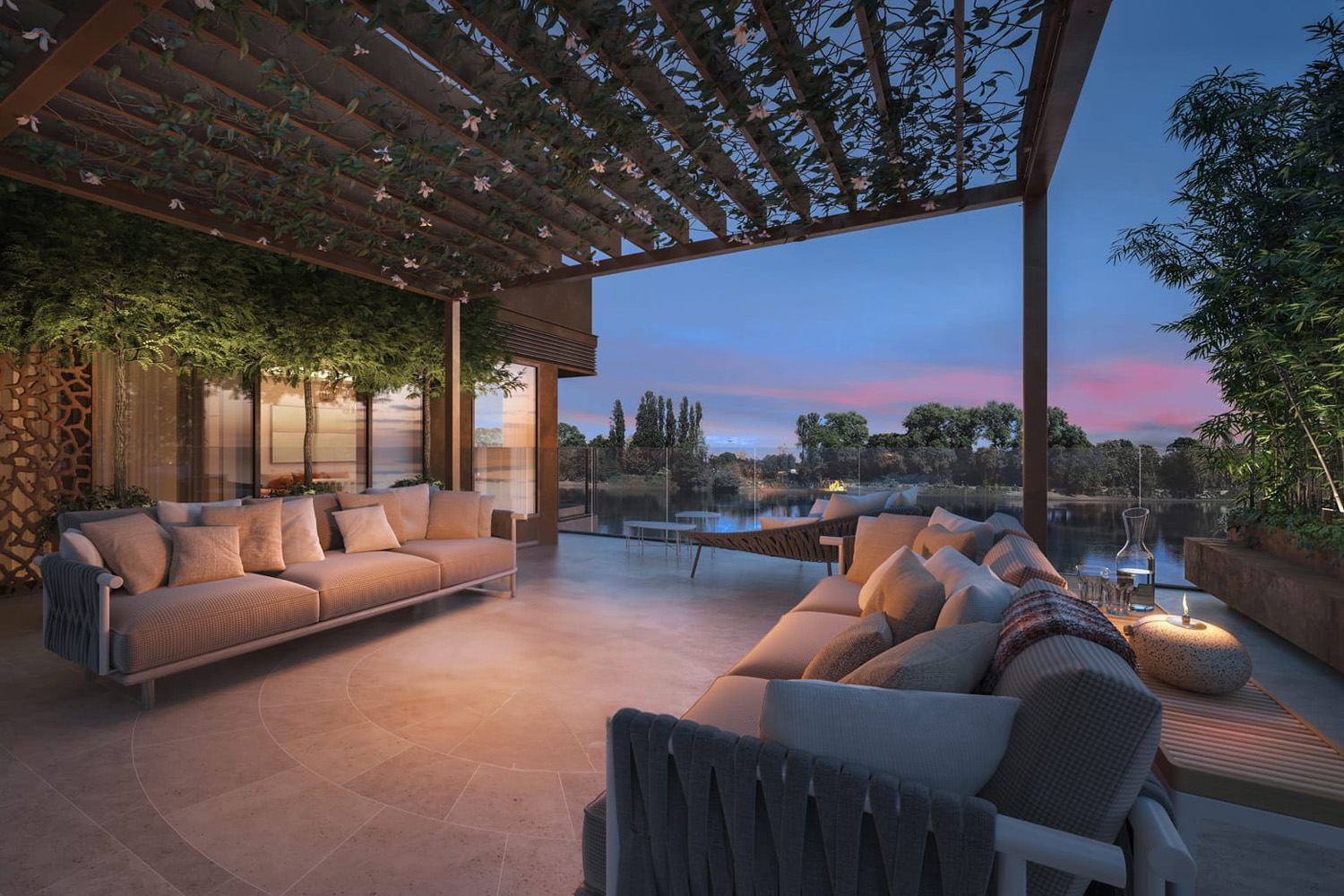 A digital render of a rooftop terrace