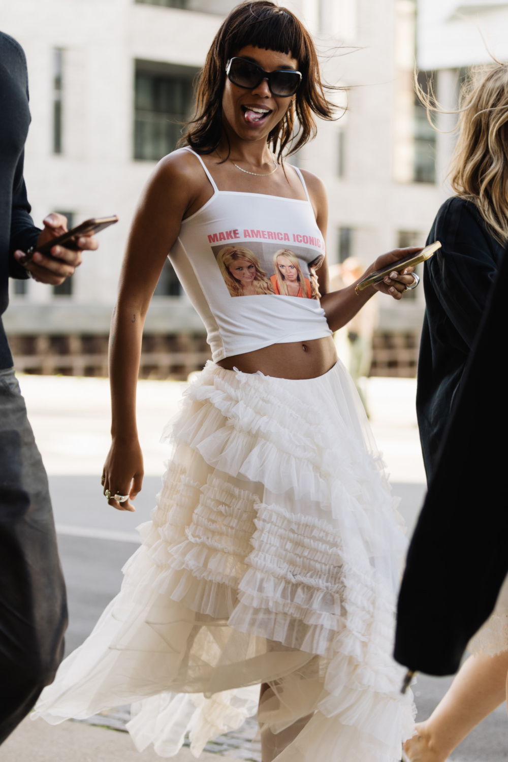 Woman wearing ruffle skirt