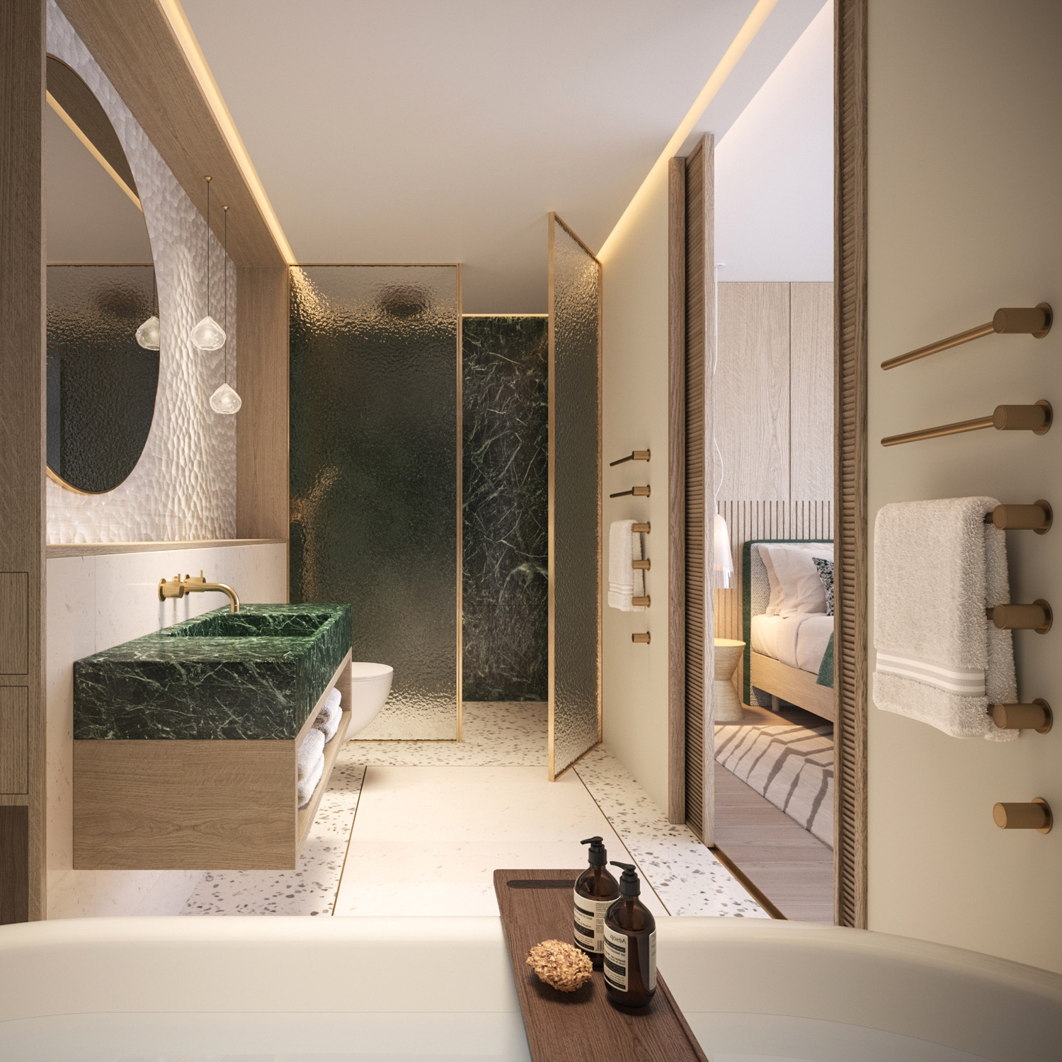 Digital rendering of a luxurious hotel bathroom