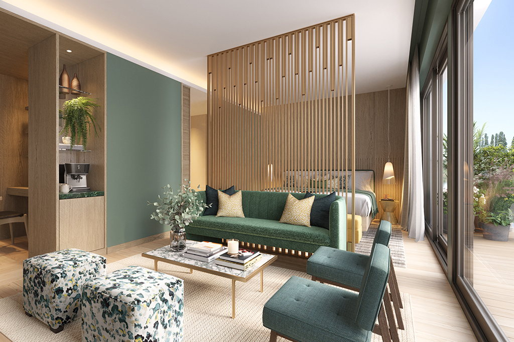 A CGI image of a hotel junior suite