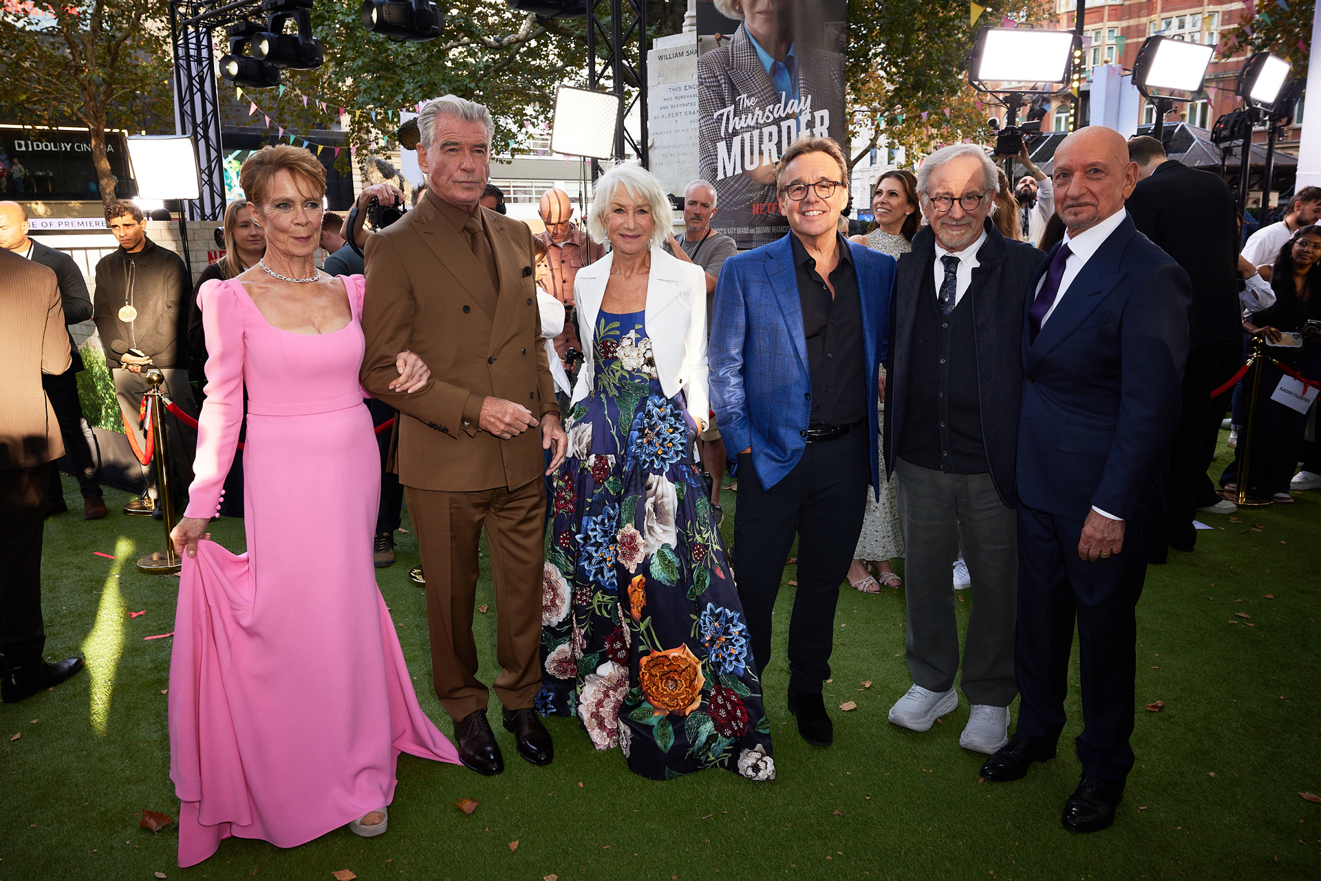Celia Imrie, Pierce Brosnan, Helen Mirren, Chris Columbus, Steven Spielberg and Ben Kingsley attend the UK Premiere of Netflix's 'The Thursday Murder Club' at Leicester Square Gardens, London