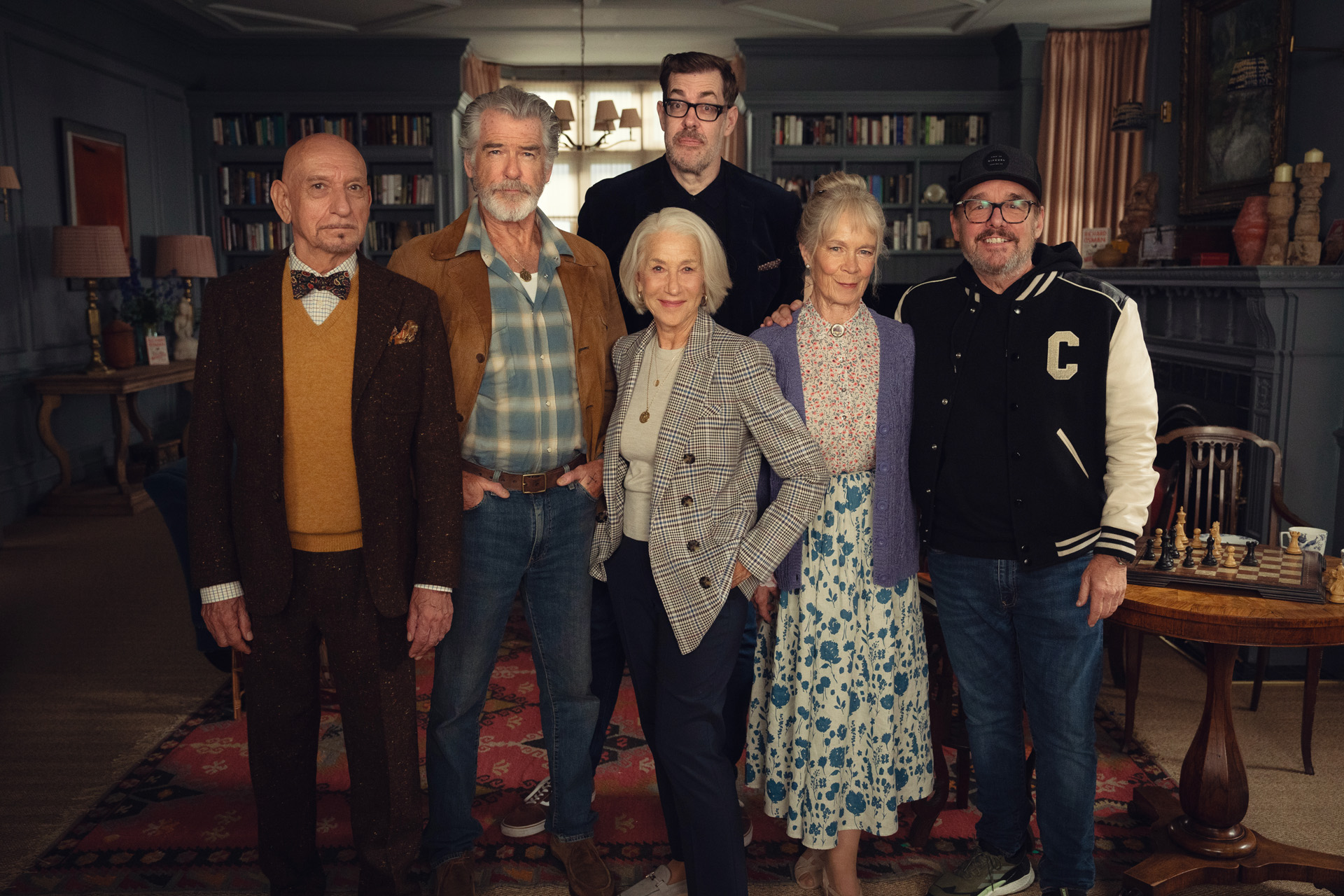 Sir Ben Kingsley, Pierce Brosnan, Richard Osman, Helen Mirren, Celia Imrie & Chris Columbus on the set of The Thursday Murder Club at the very beginning of filming