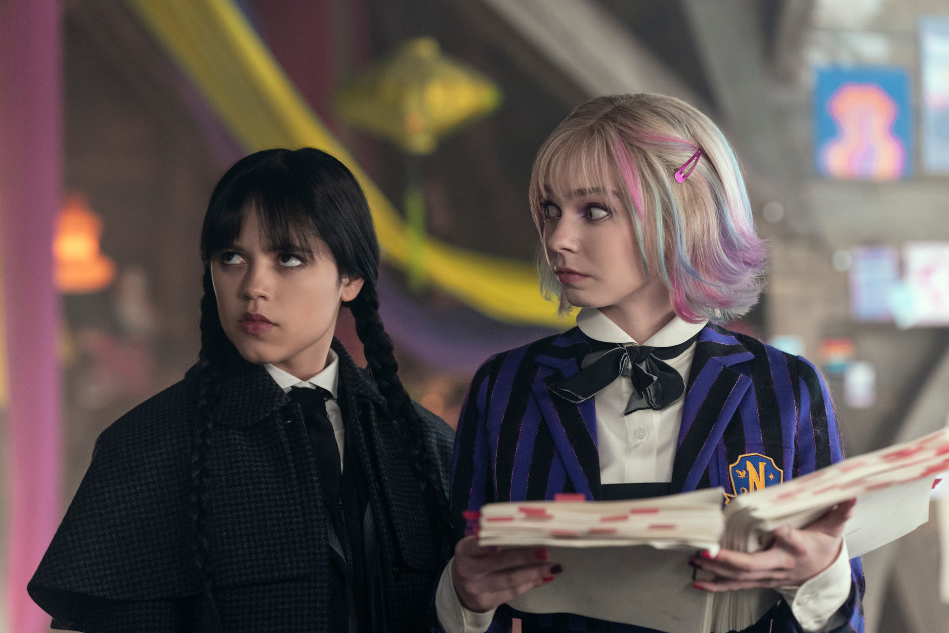 Jenna Ortega as Wednesday Addams & Emma Myers as Enid in episode 201 of Wednesday