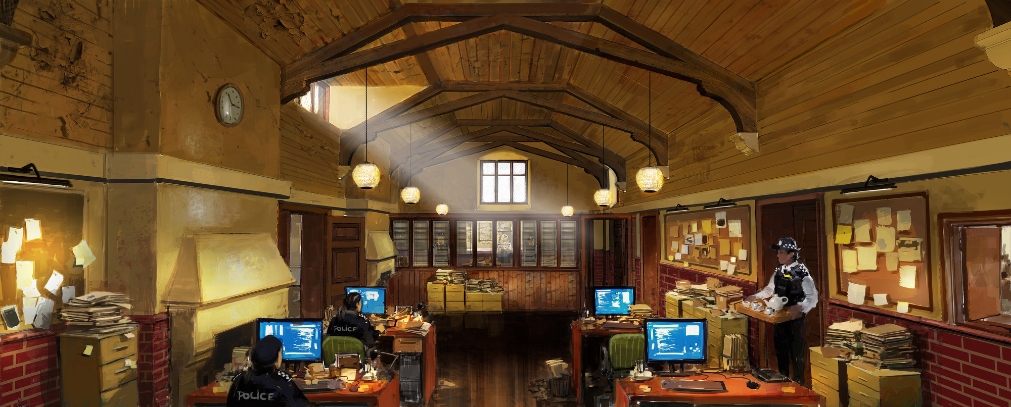 Concept art for the police station in The Thursday Murder Club