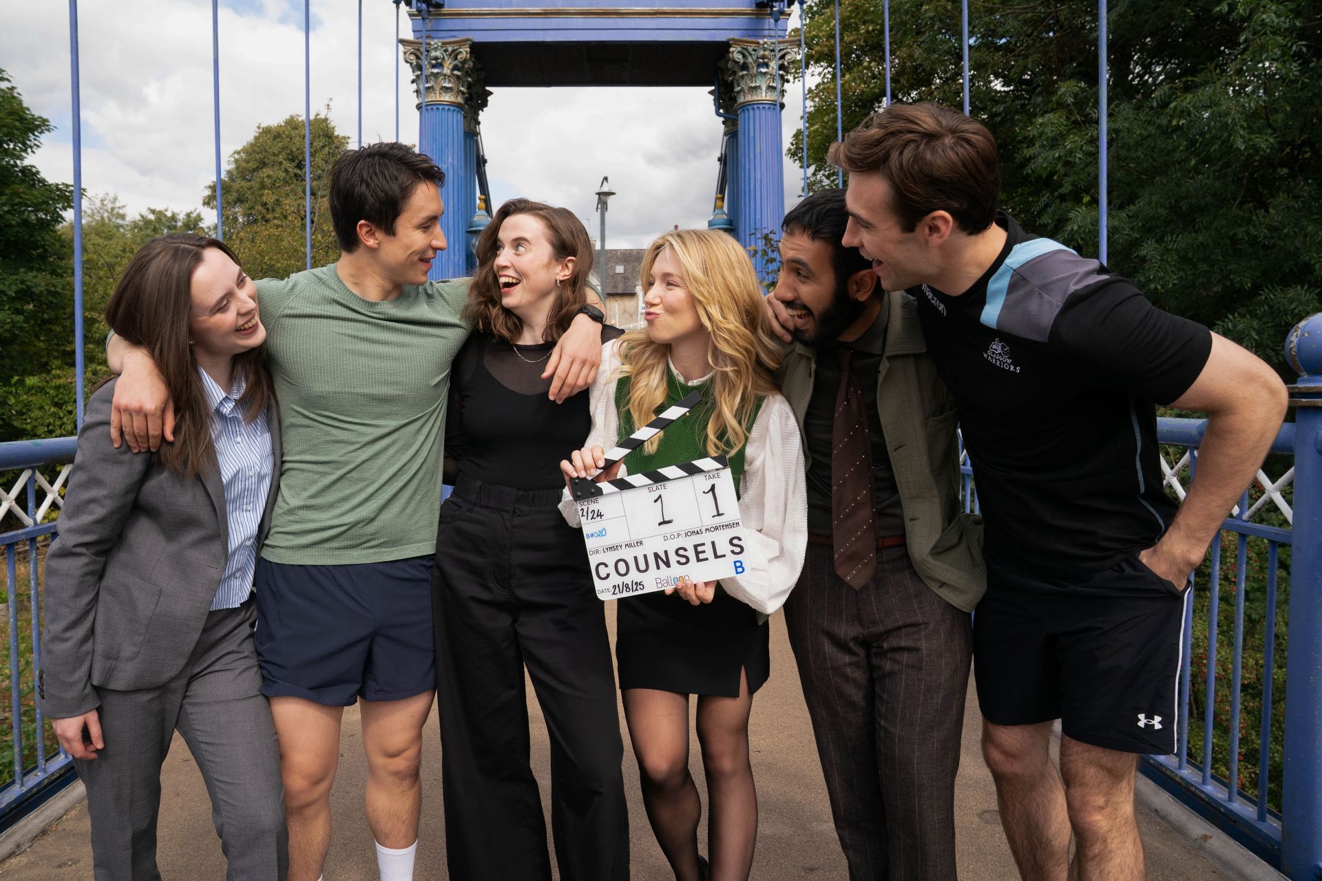 Karina (REBECCA BELL), Jamie (BRANDON GRACE), Nadine (EILIDH PARK), Katie (ALYTH ROSS), Bav (RO KUMAR), Alasdair (GEORGE PRENTICE) on the set of Counsels, now filming in Glasgow