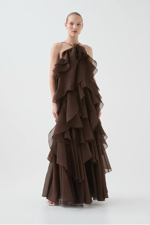 Woman brown ruffle dress | autumn wedding guest dresses