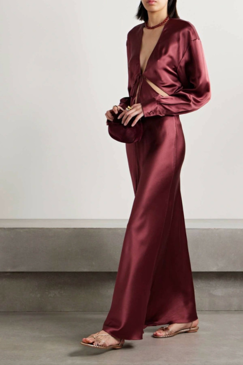 Woman in burgundy dress | autumn wedding guest dresses