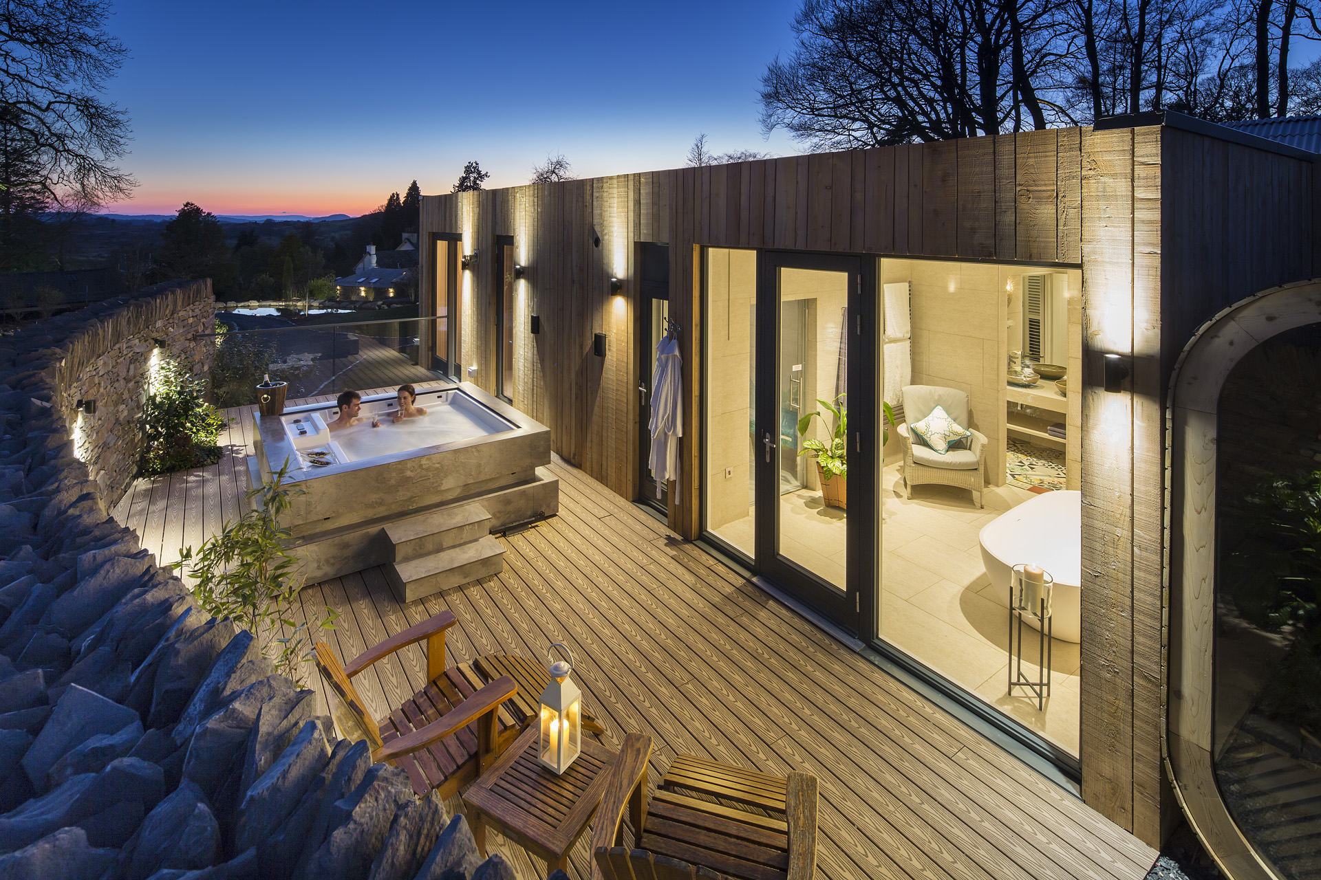 A spa at dusk