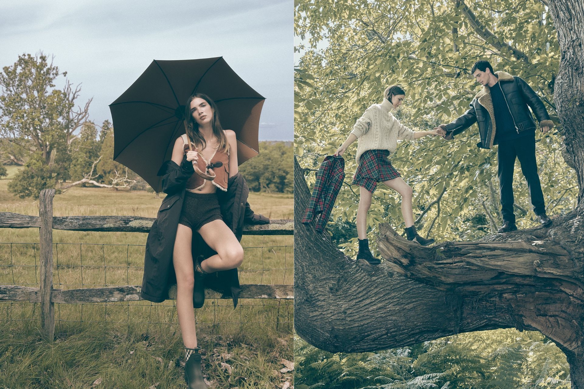 Model with umbrella and two models up a tree