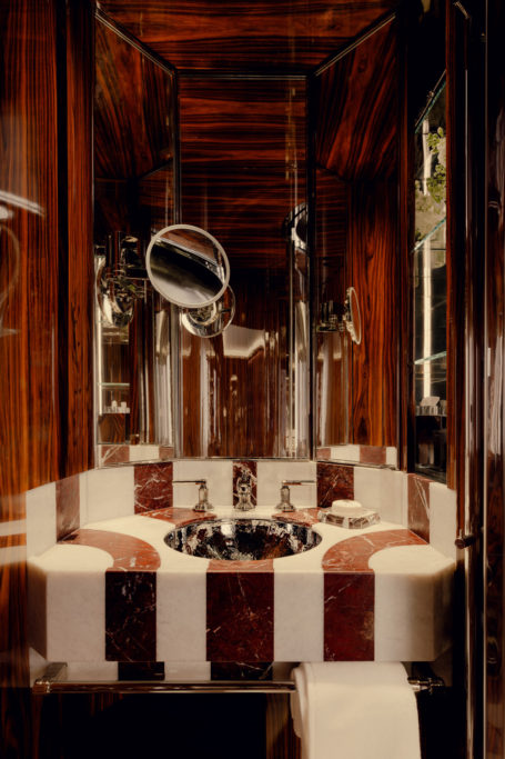 A shiny marble bathroom aboard the Orient Express