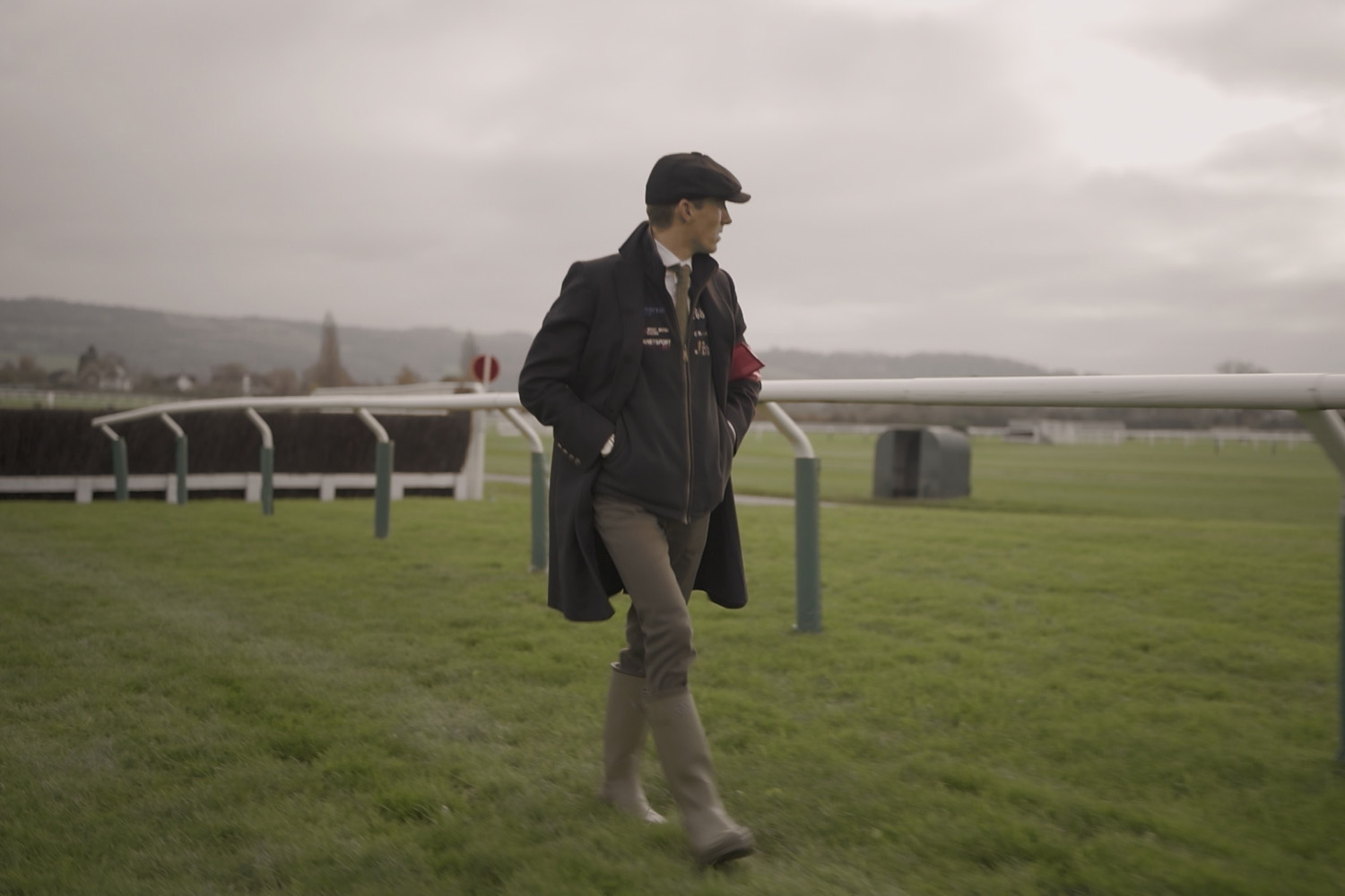 Jockey Harry Cobden walking the track at Cheltenham Racecourse, ahead of the November Meeting in Champions: Full Gallop