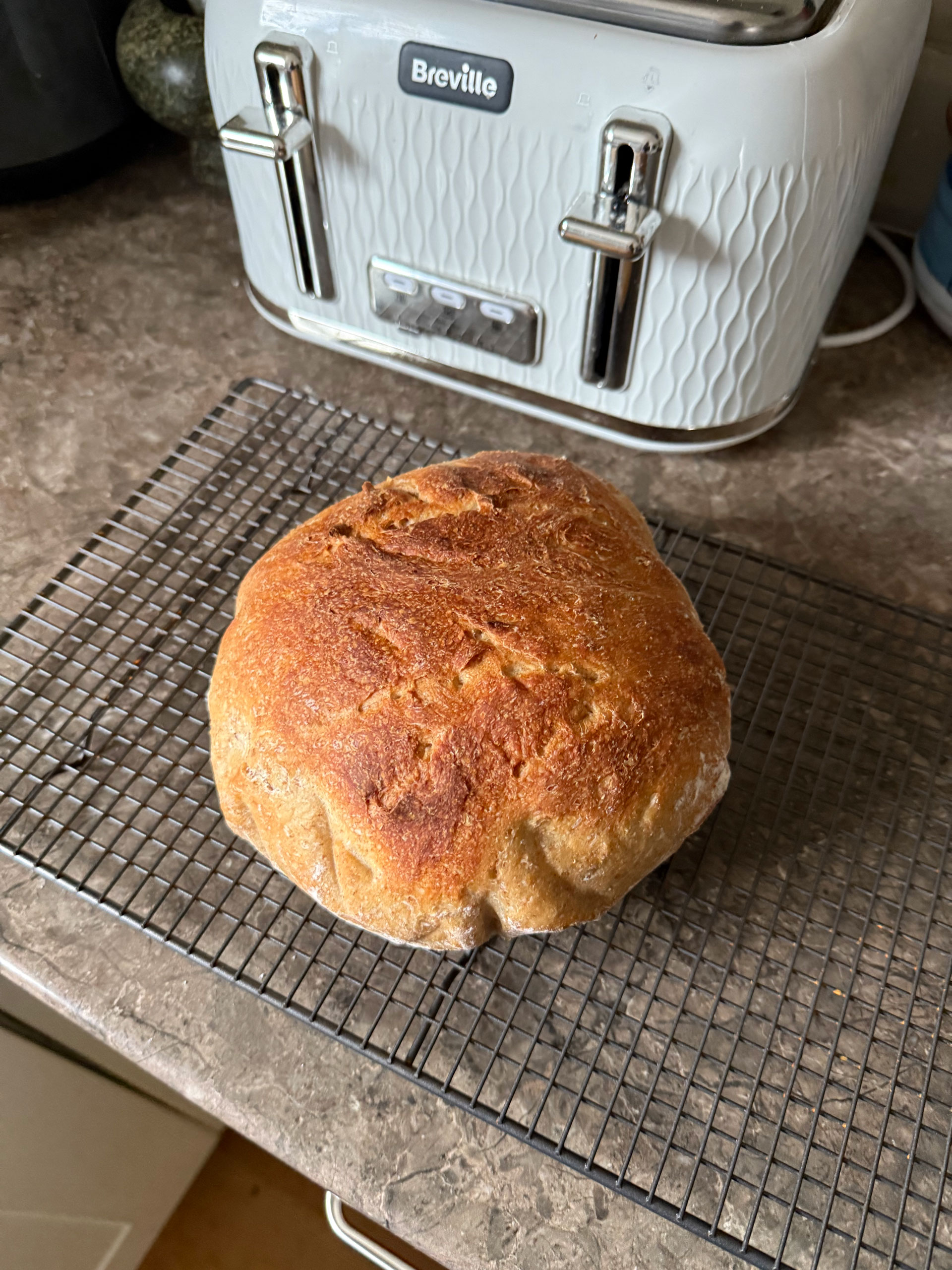 A Sourdough Boule cooling on a kitchen counter