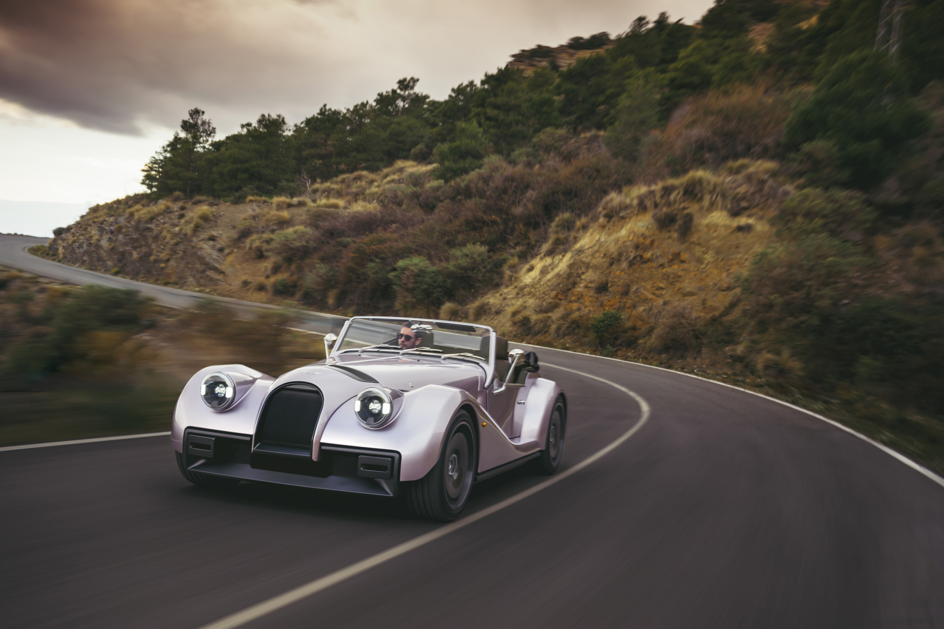 The Morgan Supersport on a tree lined road