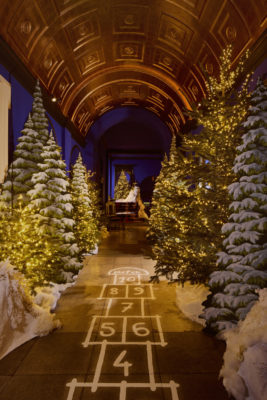 Snowy Christmas trees in a restaurant reception