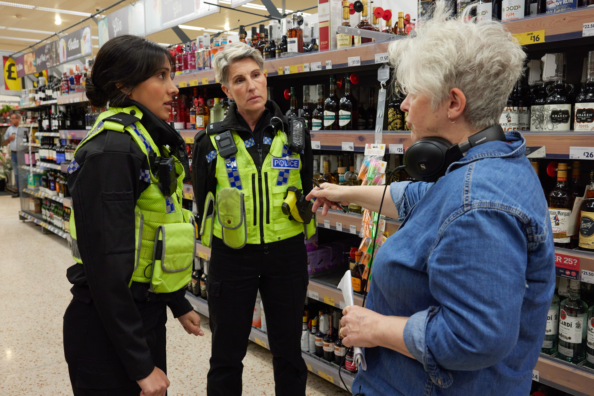 Taj Atwal & Tamsin Greig on set with Sally Wainwright