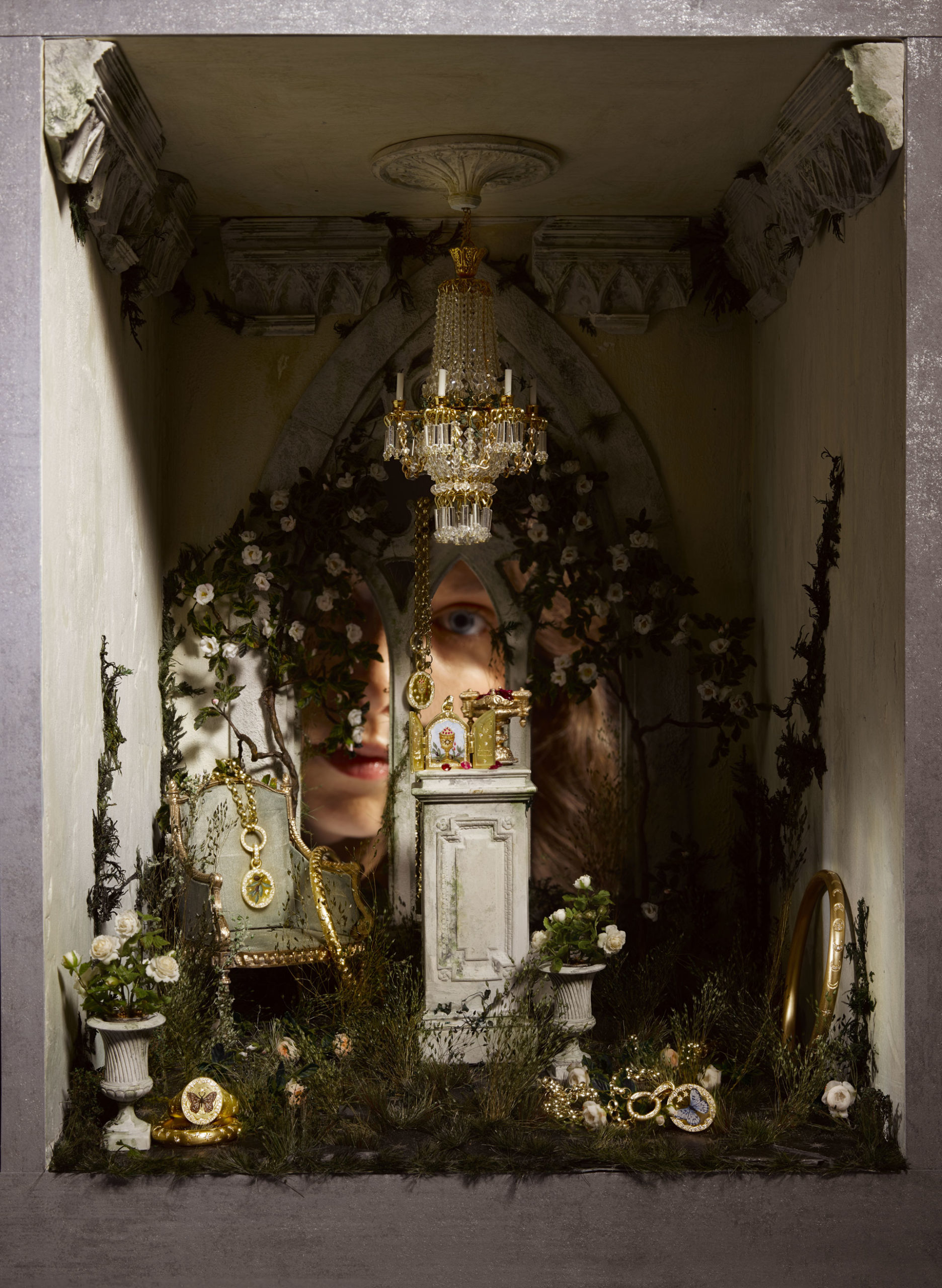 An eye peeks through a window into a doll's house