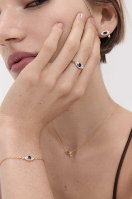 Ottoman Hands Diamond Evil Eye Solid Gold Stud Earrings