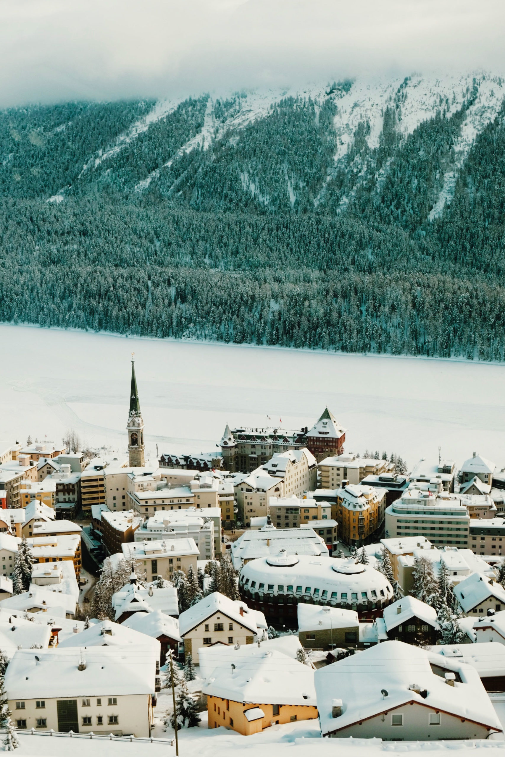 Snow atop rooftops in St Moritz