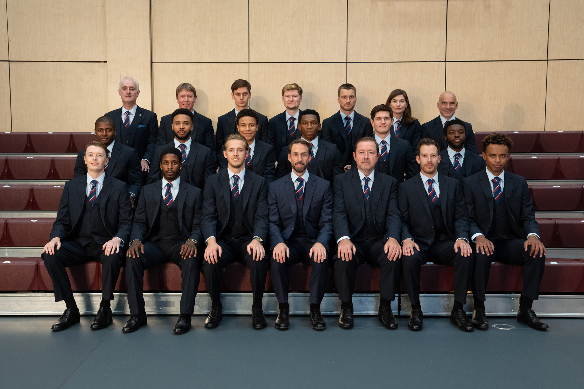 Greg Clarke (JOHN HODGKINSON), Mike Webster (SAM SPRUELL), John Stones HARRY EVANS), Aaron Ramsdale (ALEXANDER GRANTHAM), Eric Dier (HAMISH FREW), Pippa Grange (JODIE WHITTAKER), Physio Phil (GERARD MONACO), Ashley Young (DYONN CHRISTOPHER), Kyle Walker (DREW THOMAS), Jesse Lingard (ALEXANDER WESTCARR PARSONS), Marcus Rashford (EDEM-ITA DUKE), Harry Maguire (ADAM HUGILL), Danny Rose (ALEXIS BROWN), Jordan Pickford (JOSH BARROW), Raheem Sterling (FRANCIS LOVEHALL), Harry Kane (WILL ANTENBRING), Gareth Southgate (JOSEPH FIENNES), Steve Holland (DANIEL RYAN), Jordan Henderson (DAVID SHIELDS) & Dele Alli (LEWIS SHEPHERD) in Dear England