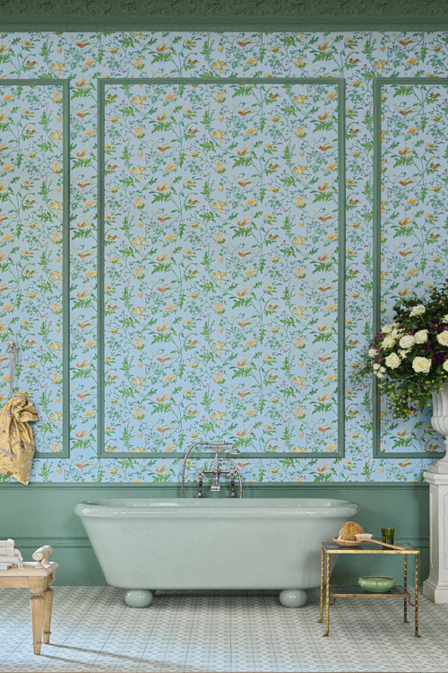 Bath with wallpapered walls