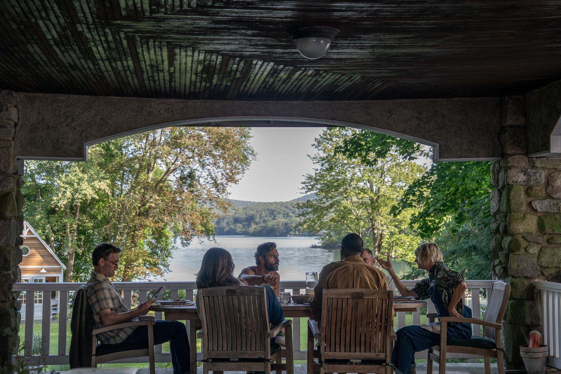 Will Forte as Jack, Tina Fey as Kate, Marco Calvani as Claude, Colman Domingo as Danny, Steve Carell as Nick, and Kerri Kenney as Anne in Episode 101 of The Four Seasons