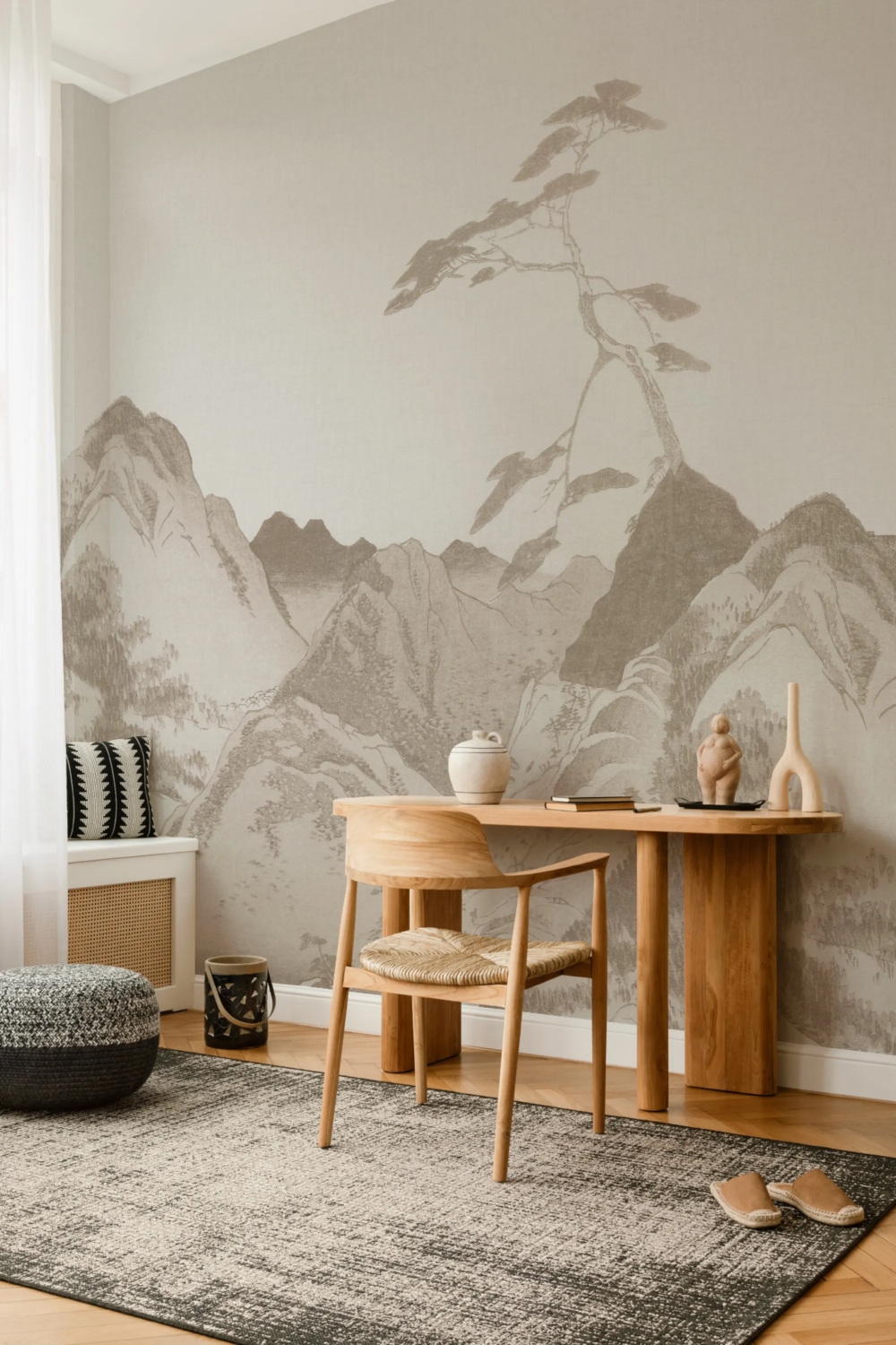 Japandi wallpaper with desk