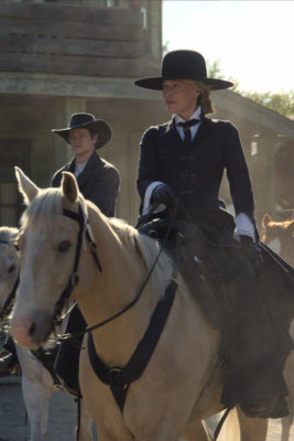Gillian Anderson riding a horse in The Abandons on Netflix
