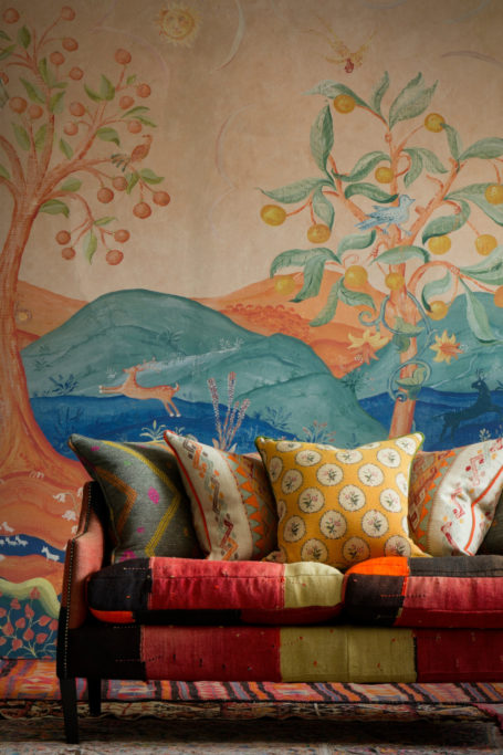 Colourful wallpaper with sofa