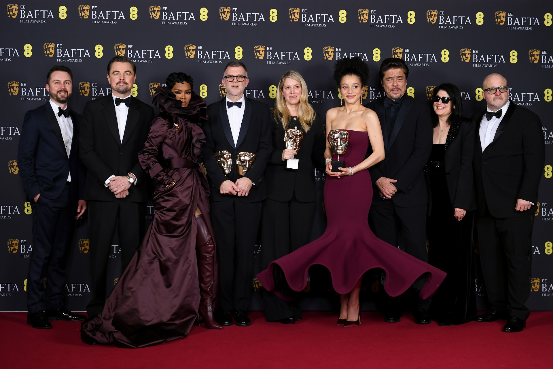 Andy Jurgensen, Leonardo DiCaprio, Teyana Taylor, Paul Thomas Anderson, Sara Murphy, Chase Infiniti, Benicio del Toro, Cassandra Kulukundis and Michael Bauman with the award for Best Film Award, Director Award, Adapted Screenplay Award and Cinematography Award for 'One Battle After Another' during the EE BAFTA Film Awards 2026