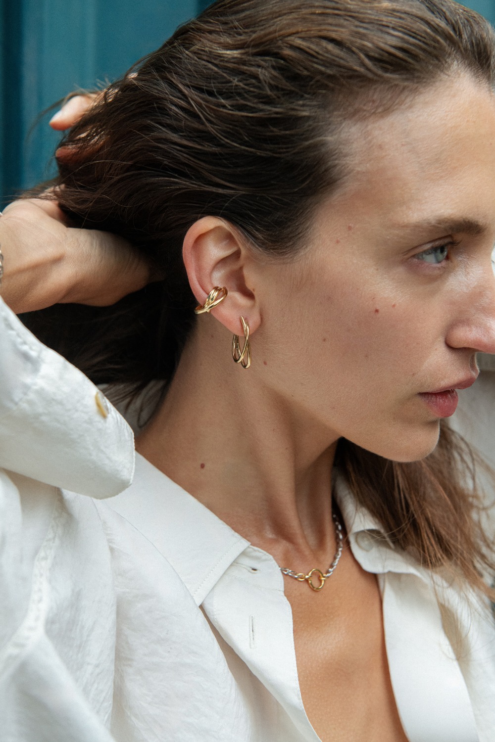 Close up of woman wearing jewellery