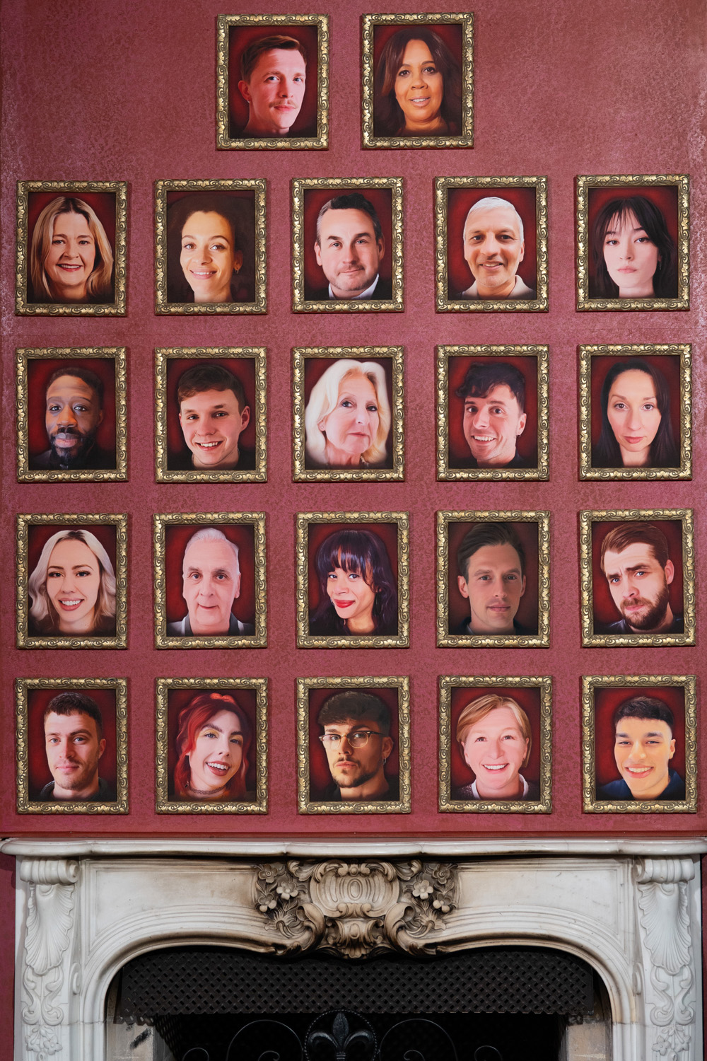 Portraits of The Traitors series 4 players on the breakfast room wall
