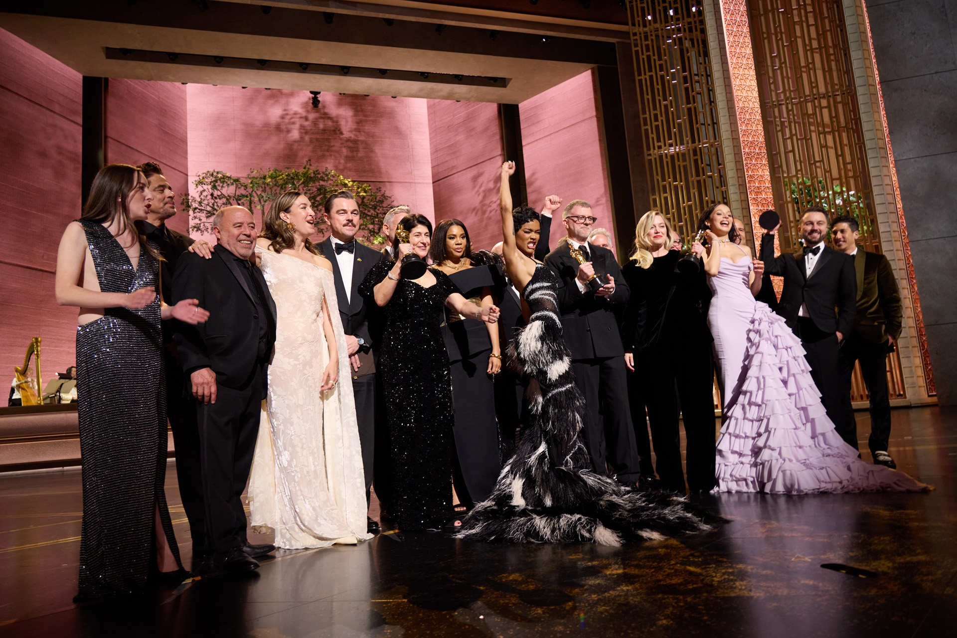Paul Thomas Anderson, Sarah Murphy, Anthony Carlino, Will Weiske, Andy Jurgensen, Teyana Taylor, Michael Bauman, Cassandra Kulukundis, Regina Hall, Shayna McHale aka Junglepussy, Leonardo DiCaprio, Chase Infiniti and Benicio del Toro accept the Oscar® for Best Picture during the 98th Oscars® at the Dolby® Theatre at Ovation Hollywood on Sunday, March 15, 2026.