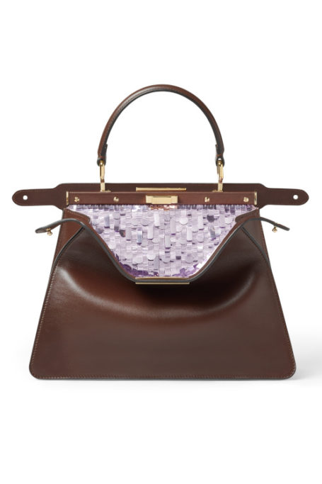 Brown brag with purple inner lining